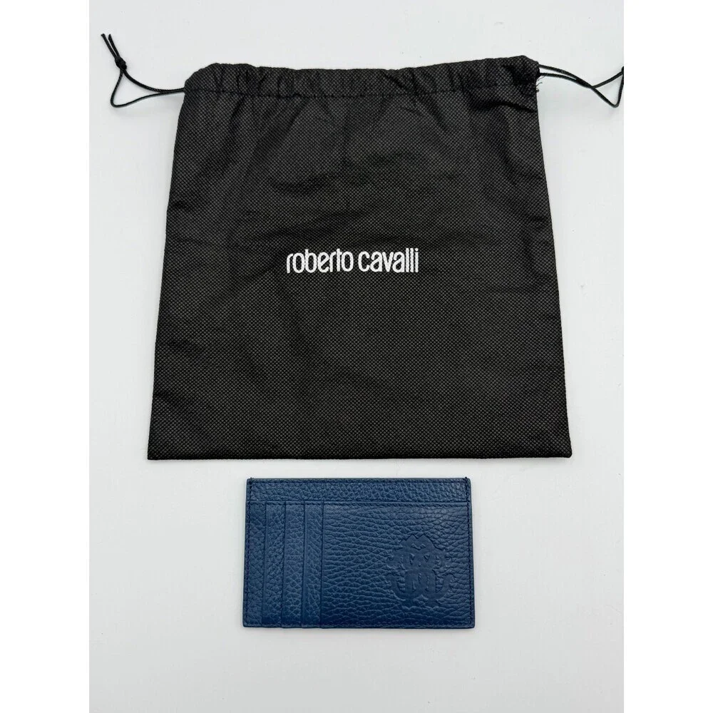 NEW Roberto Cavalli Card Holder Men's Blue Grained Leather Fashion Luxury Wallet